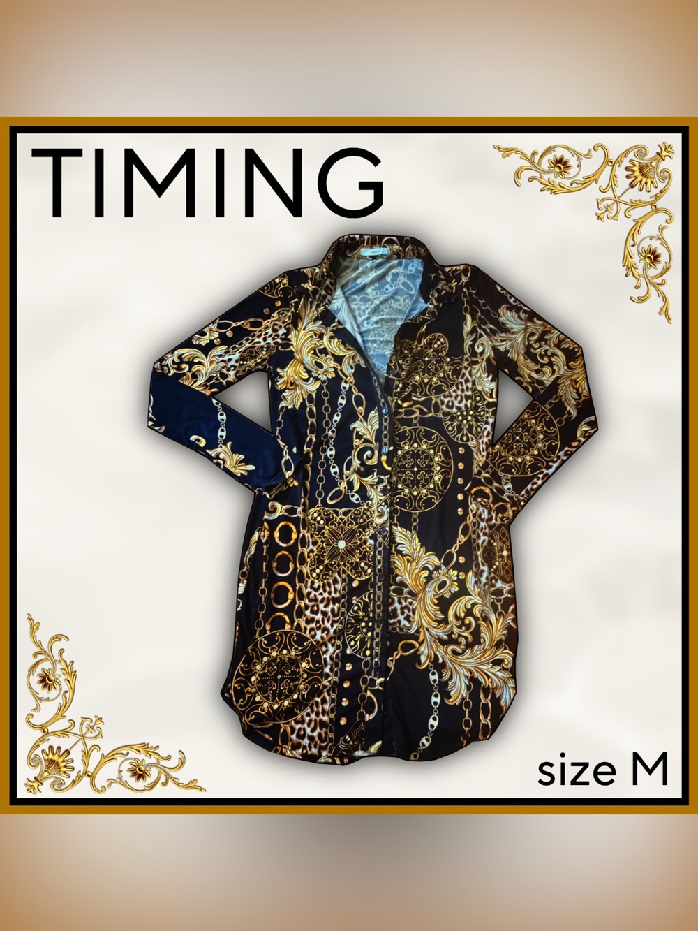 TIMING black and gold baroque pattern 3/4 sleeve button up SHIRT